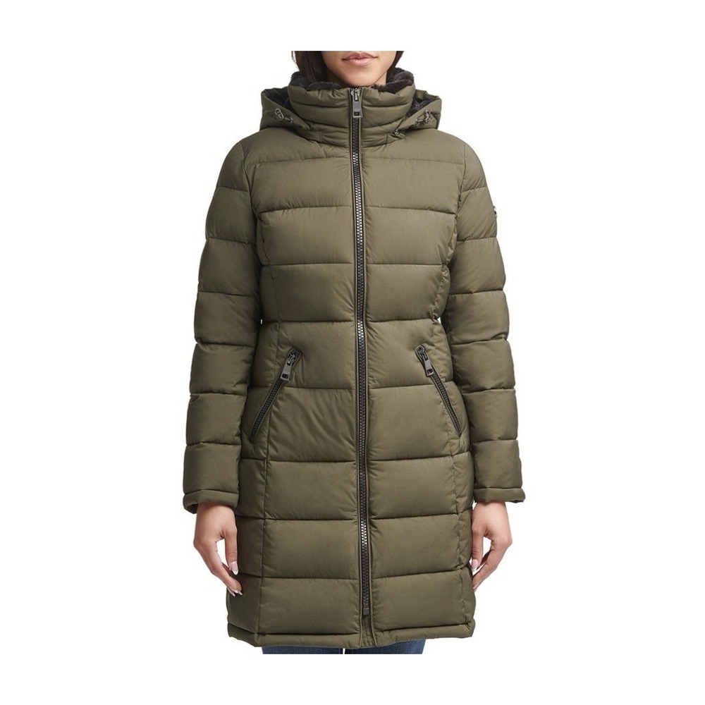 Andrew Marc Women's Long Stretch Parka Green Coat Detachable Faux Fur Hood Large